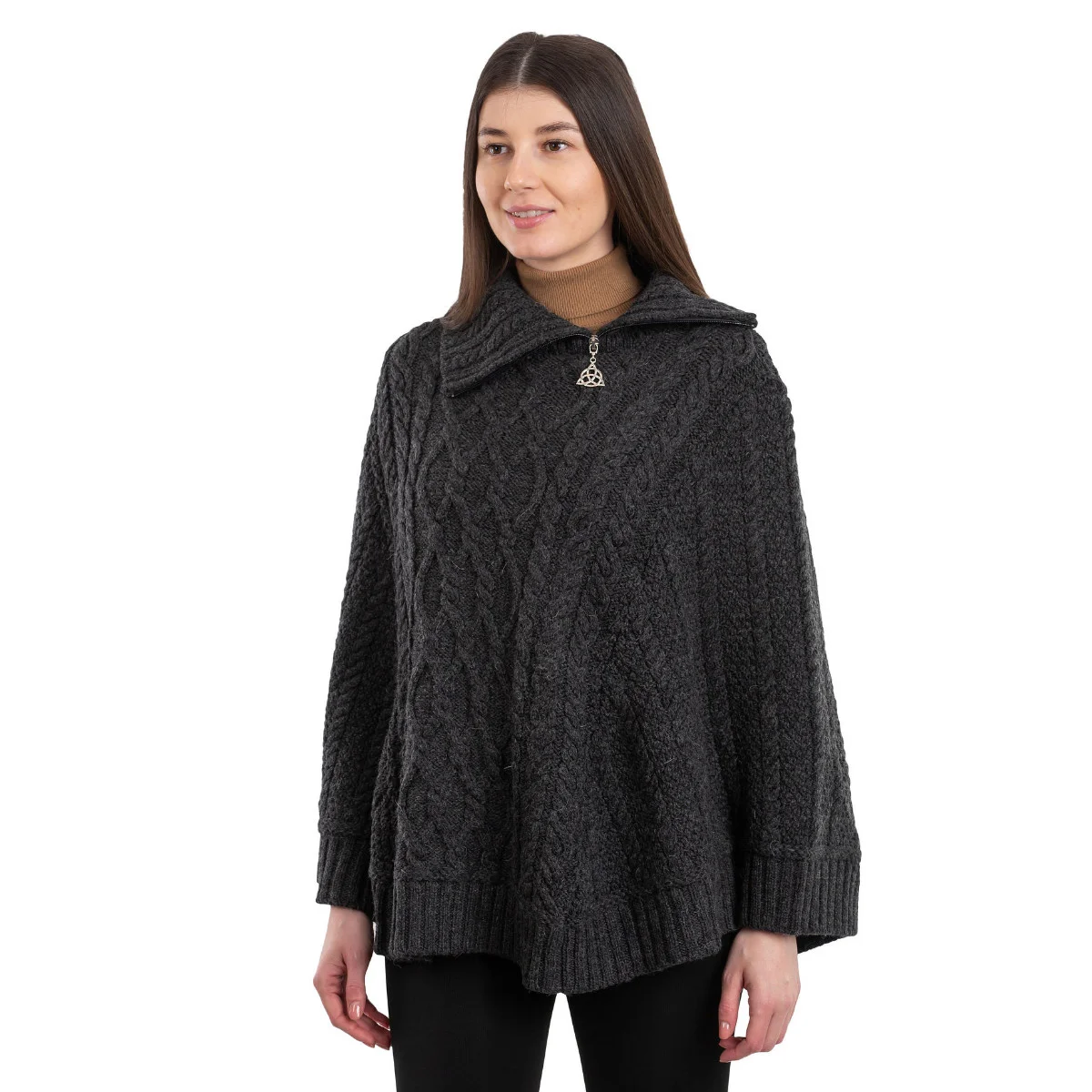 100% Merino Wool Cowl Neck Zipper Poncho – Irish Aran Knit | Pregnancy-Friendly Warmth - Image 3 | CeltHaus