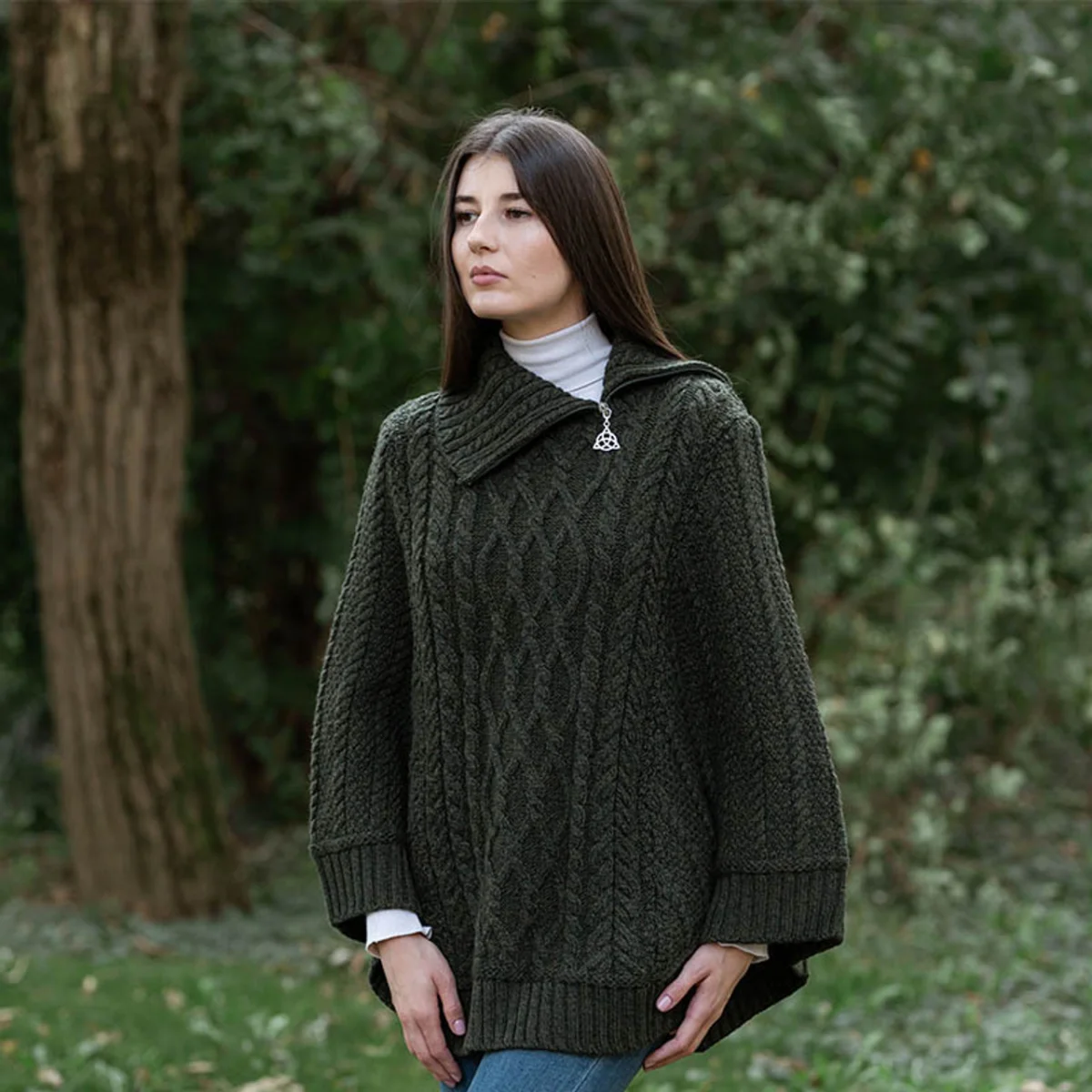100% Merino Wool Cowl Neck Zipper Poncho – Irish Aran Knit | Pregnancy-Friendly Warmth - Knitwear | CeltHaus