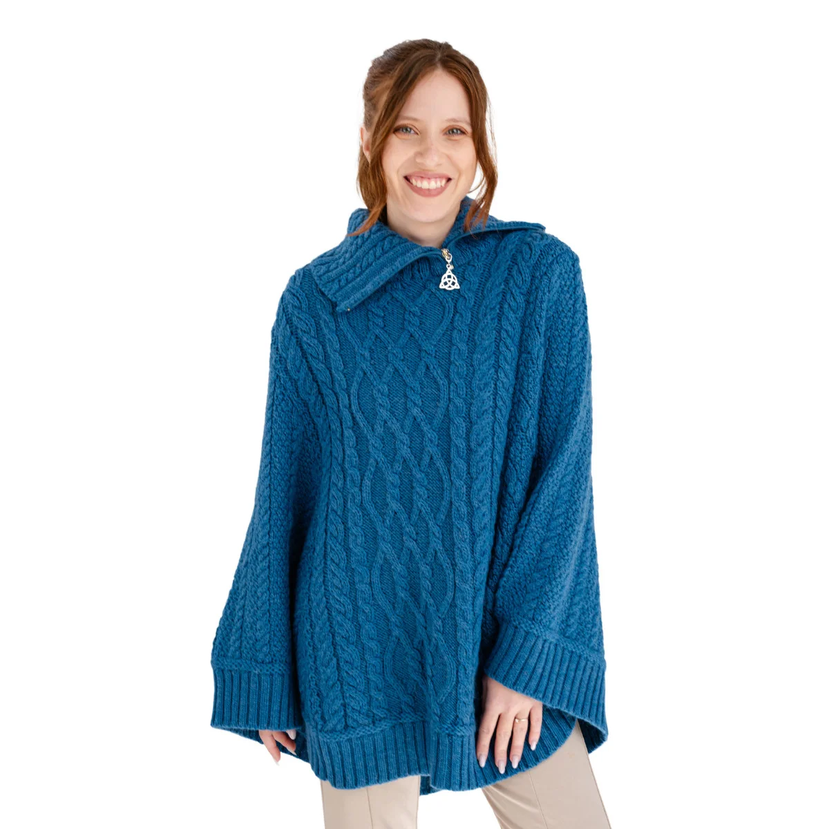 100% Merino Wool Cowl Neck Zipper Poncho – Irish Aran Knit | Pregnancy-Friendly Warmth - Image 7 | CeltHaus