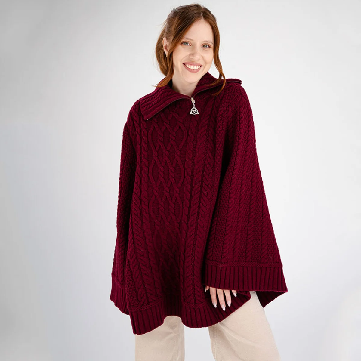 100% Merino Wool Cowl Neck Zipper Poncho – Irish Aran Knit | Pregnancy-Friendly Warmth - Image 10 | CeltHaus