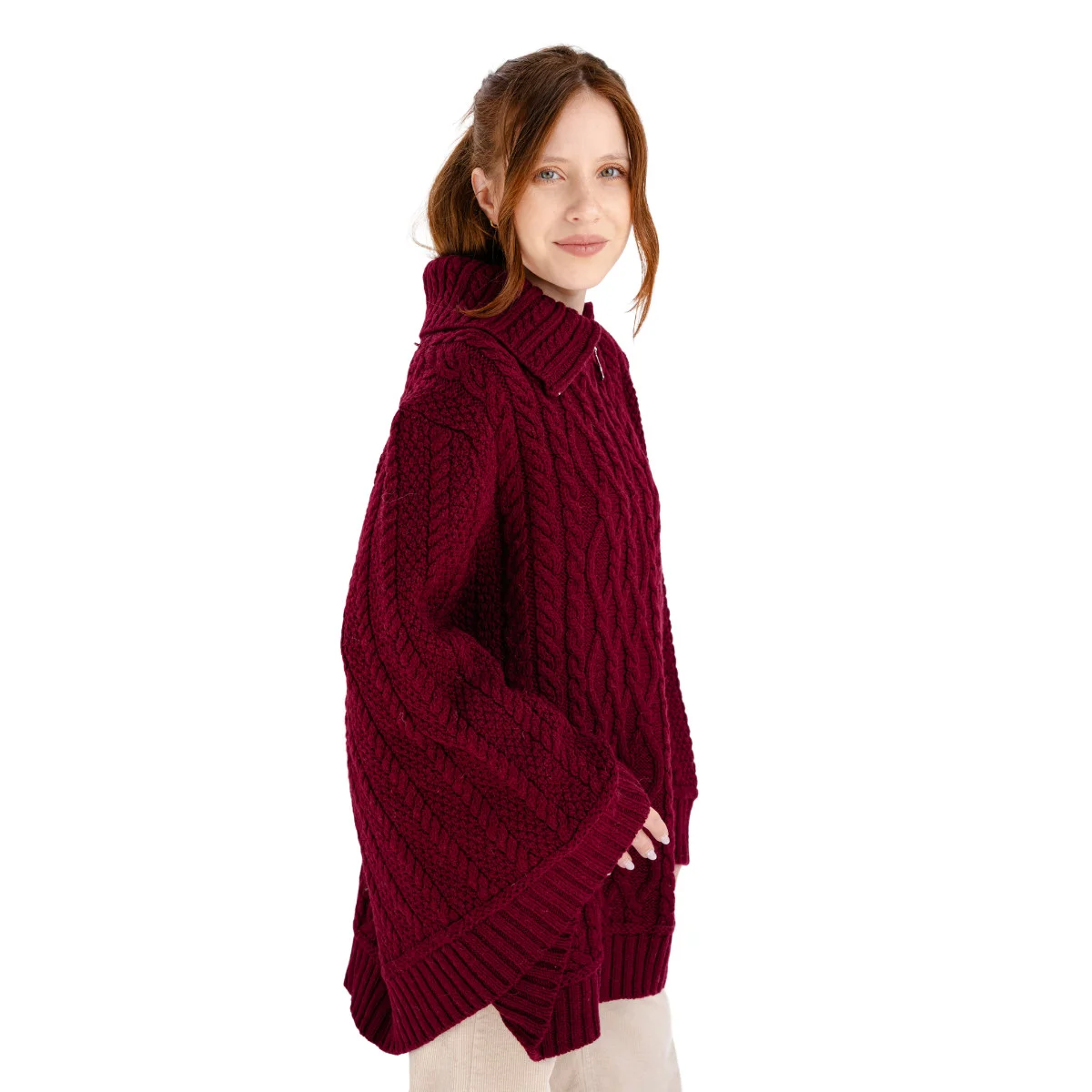 100% Merino Wool Cowl Neck Zipper Poncho – Irish Aran Knit | Pregnancy-Friendly Warmth - Image 14 | CeltHaus