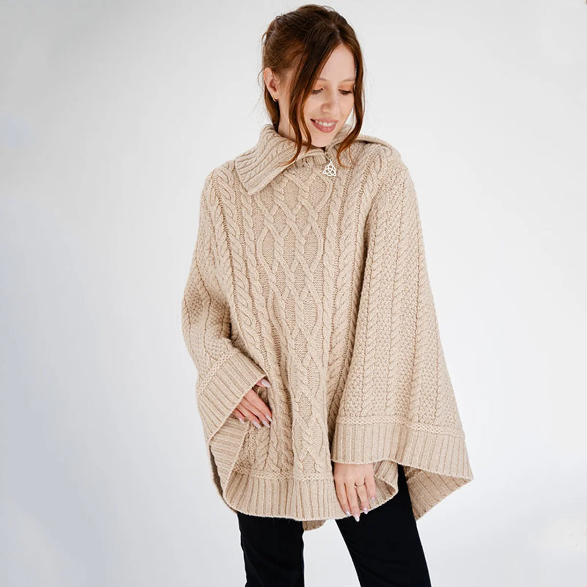 100% Merino Wool Cowl Neck Zipper Poncho – Irish Aran Knit | Pregnancy-Friendly Warmth - Image 16 | CeltHaus