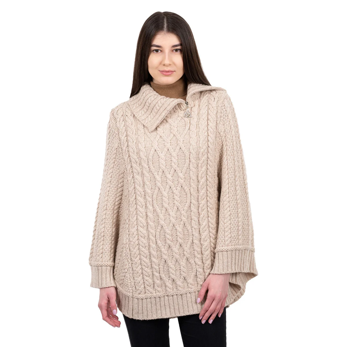 100% Merino Wool Cowl Neck Zipper Poncho – Irish Aran Knit | Pregnancy-Friendly Warmth - Image 18 | CeltHaus