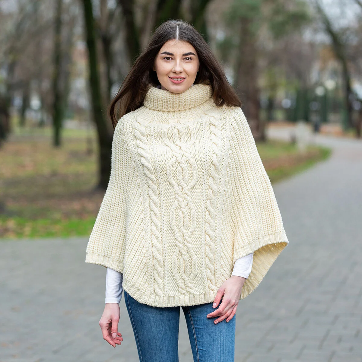 Aran Cowl Neck Merino Wool Poncho | Irish Cable Knit Shawl - Image 3 | CeltHaus