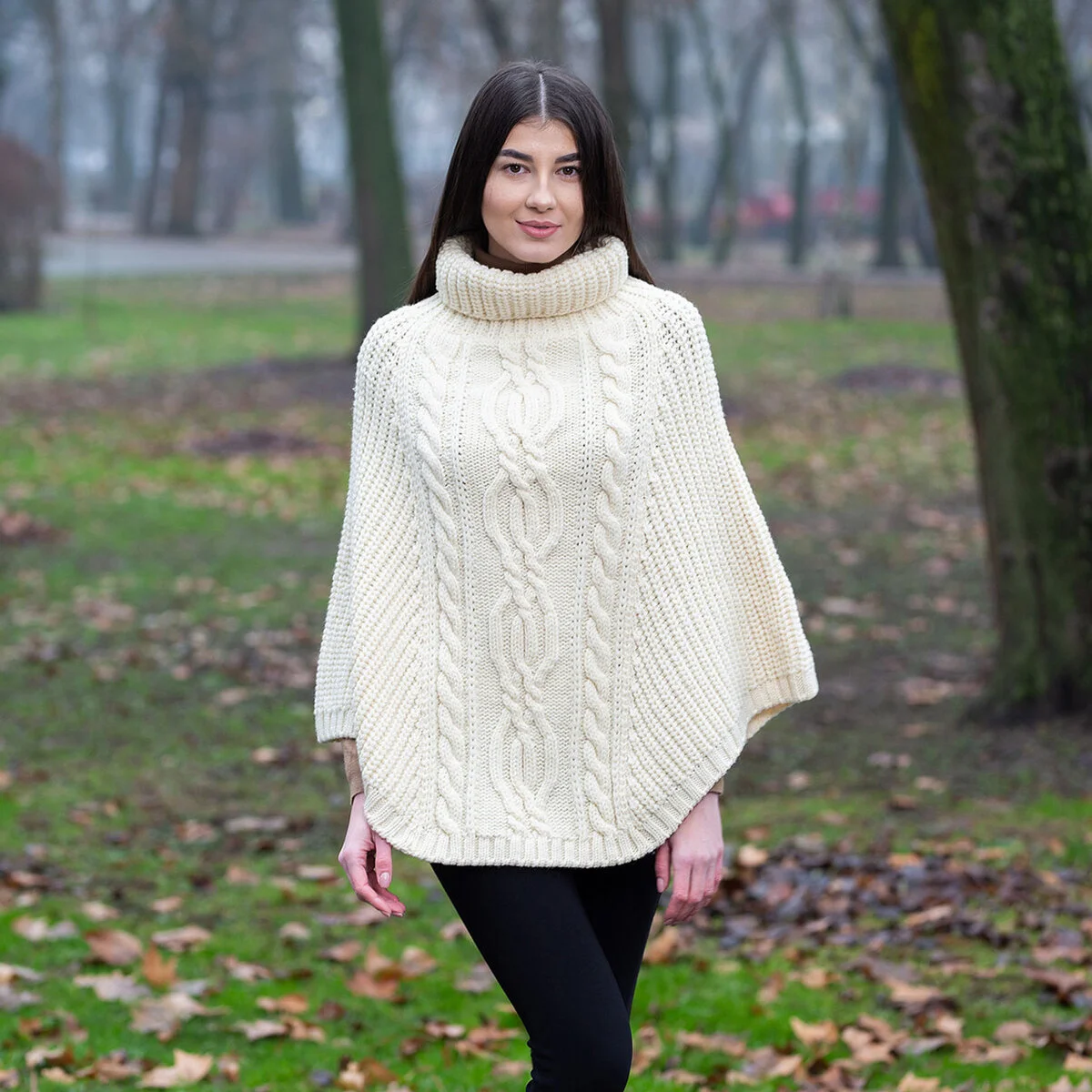 Aran Cowl Neck Merino Wool Poncho | Irish Cable Knit Shawl - Image 4 | CeltHaus
