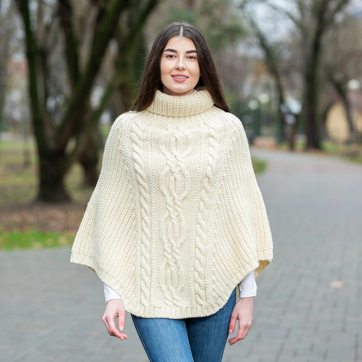 Aran Cowl Neck Merino Wool Poncho | Irish Cable Knit Shawl - Image 5 | CeltHaus
