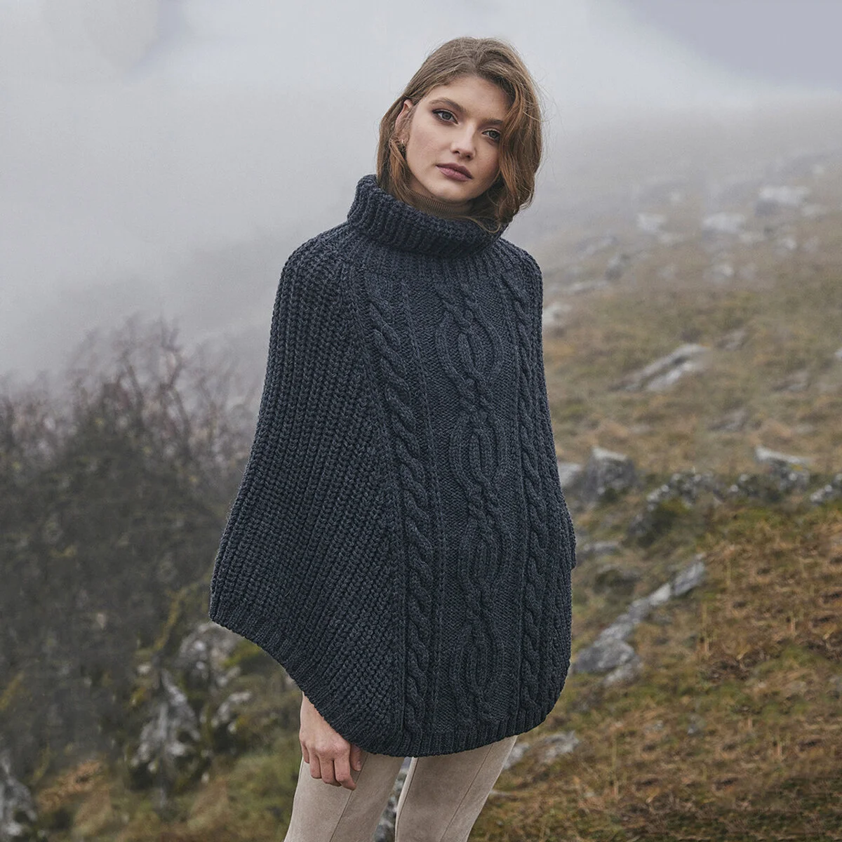 Aran Cowl Neck Merino Wool Poncho | Irish Cable Knit Shawl - Image 6 | CeltHaus