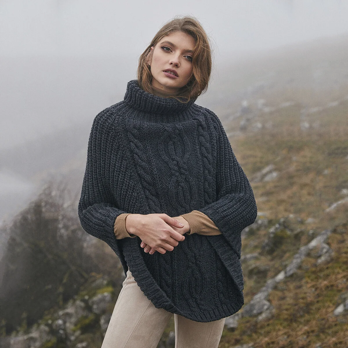 Aran Cowl Neck Merino Wool Poncho | Irish Cable Knit Shawl - Image 7 | CeltHaus