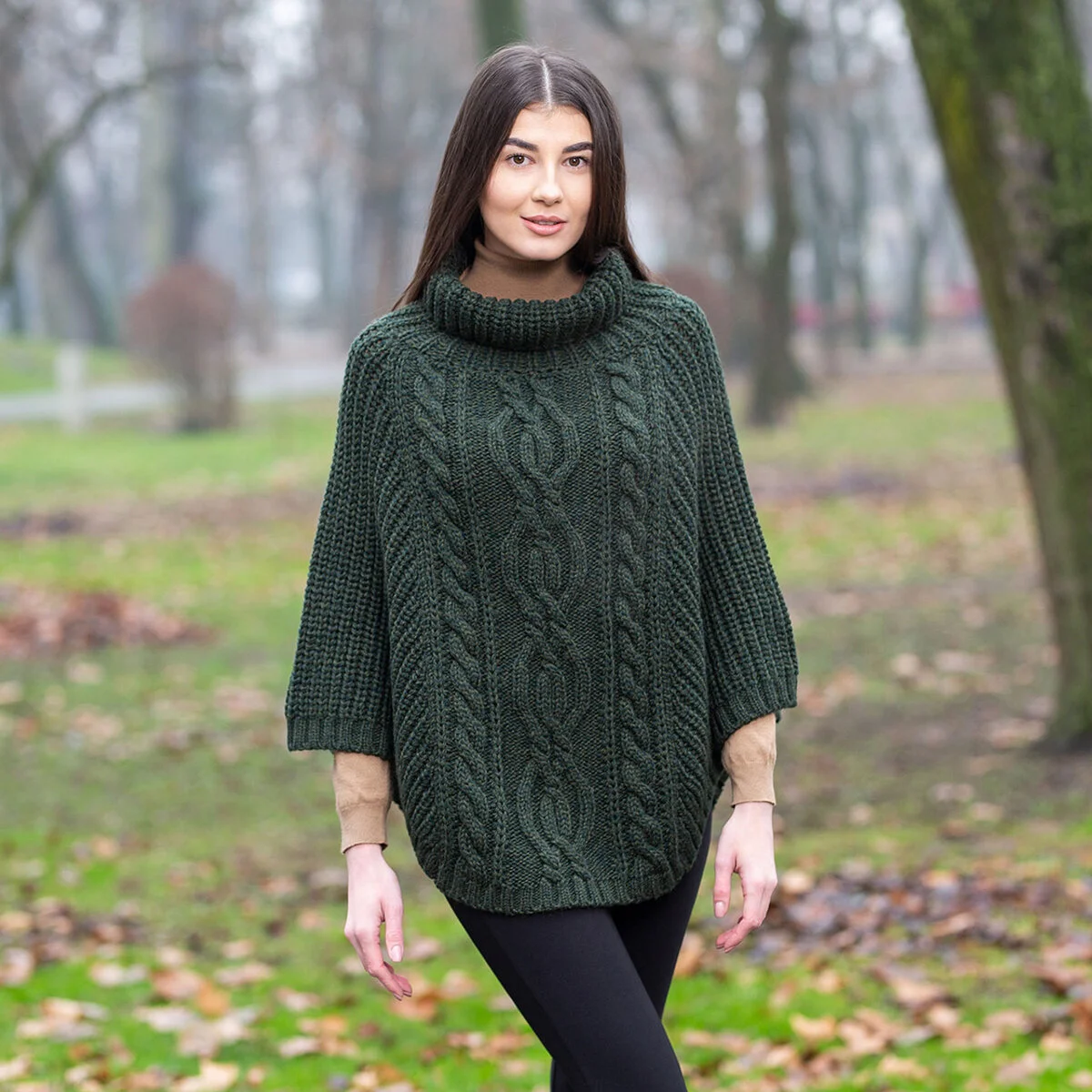 Aran Cowl Neck Merino Wool Poncho | Irish Cable Knit Shawl | CeltHaus