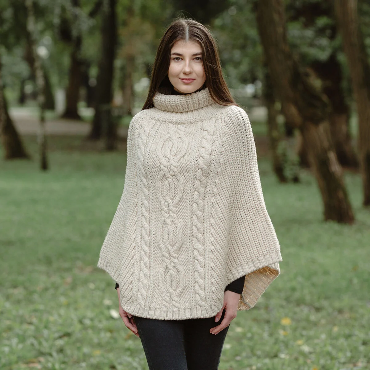 Aran Cowl Neck Merino Wool Poncho | Irish Cable Knit Shawl - Image 8 | CeltHaus