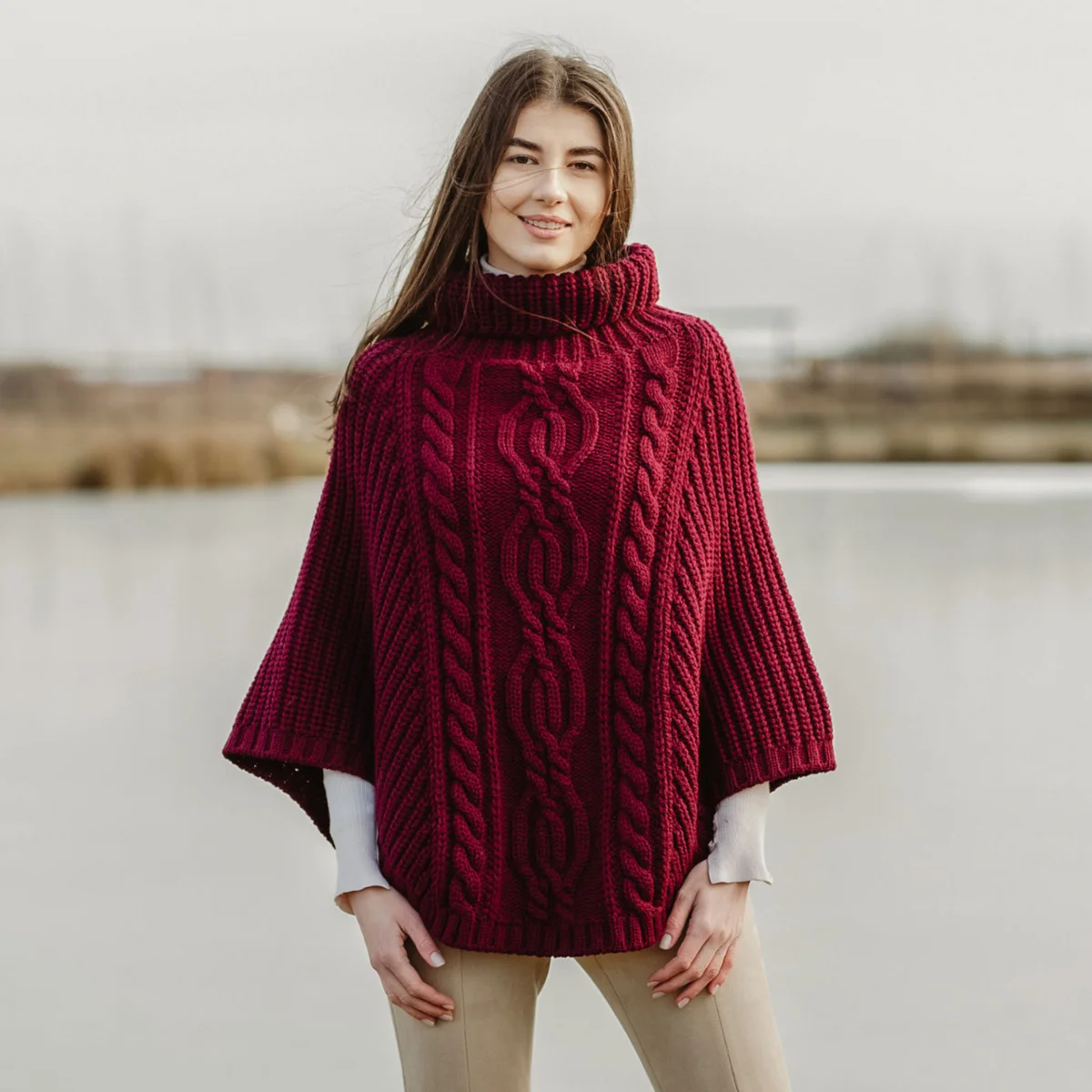 Aran Cowl Neck Merino Wool Poncho | Irish Cable Knit Shawl - Image 19 | CeltHaus
