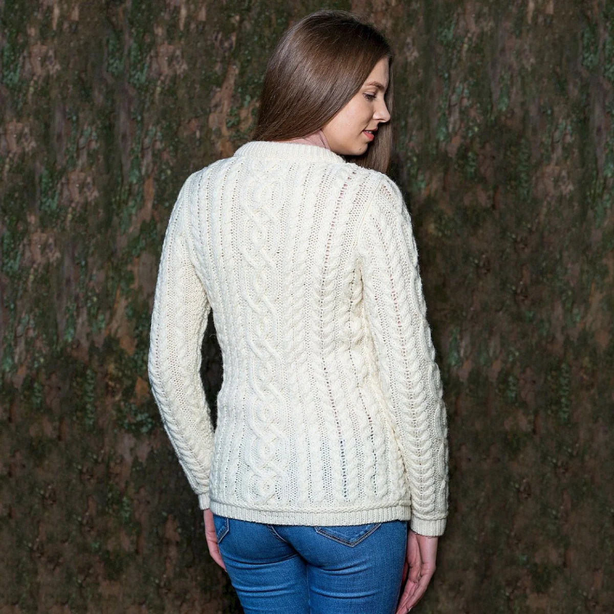 Aran Knit Ladies Cardigan with Leather Buttons – Women’s Cable Wool Sweater Coat - Image 3 | CeltHaus