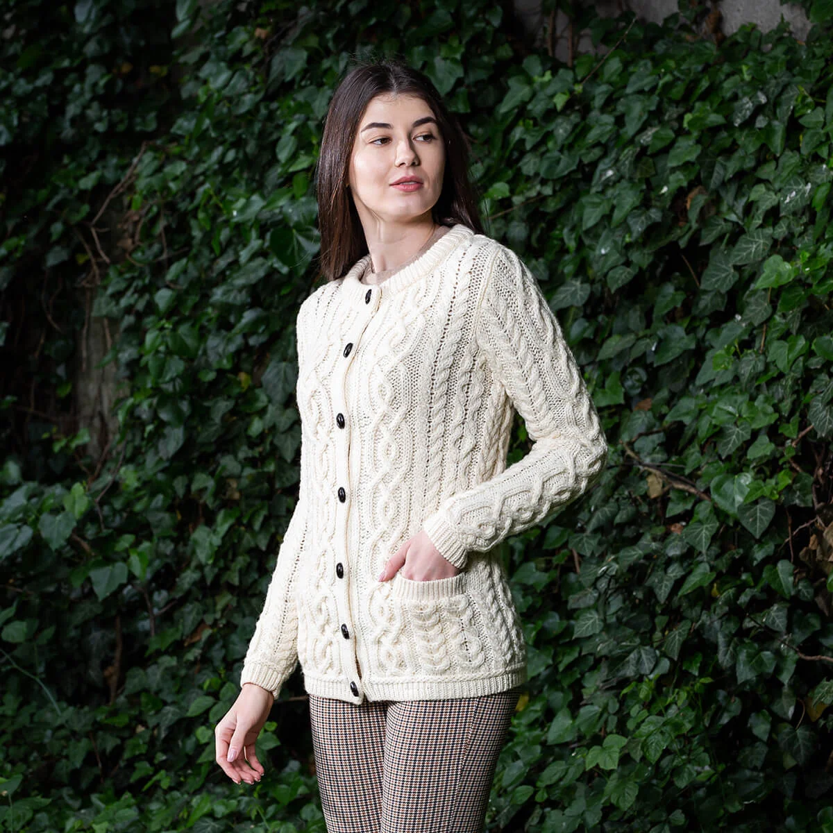 Aran Knit Ladies Cardigan with Leather Buttons – Women’s Cable Wool Sweater Coat - Image 5 | CeltHaus