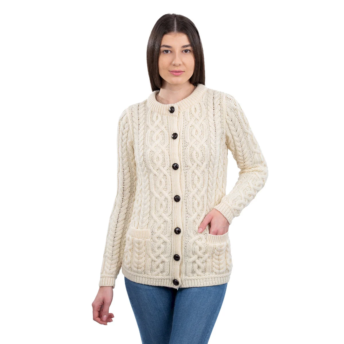 Aran Knit Ladies Cardigan with Leather Buttons – Women’s Cable Wool Sweater Coat - Image 7 | CeltHaus