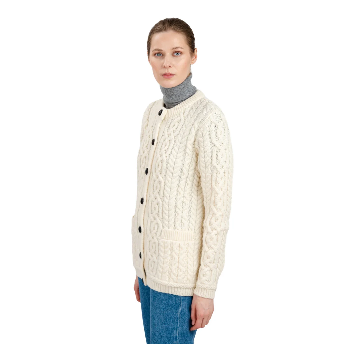 Aran Knit Ladies Cardigan with Leather Buttons – Women’s Cable Wool Sweater Coat - Image 8 | CeltHaus