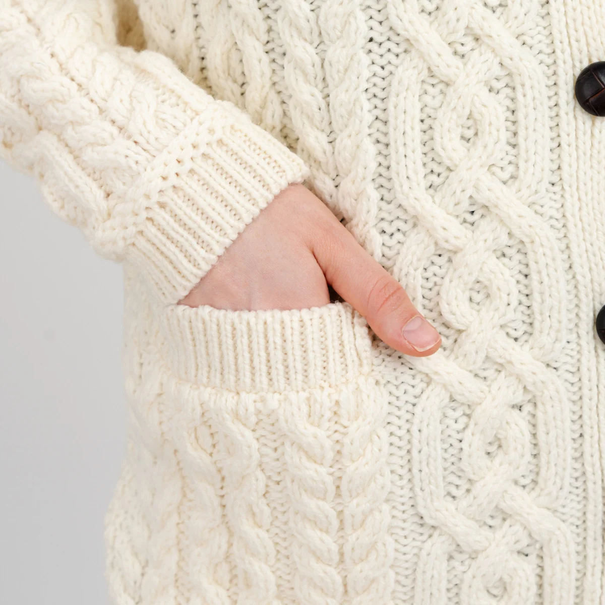 Aran Knit Ladies Cardigan with Leather Buttons – Women’s Cable Wool Sweater Coat - Image 9 | CeltHaus