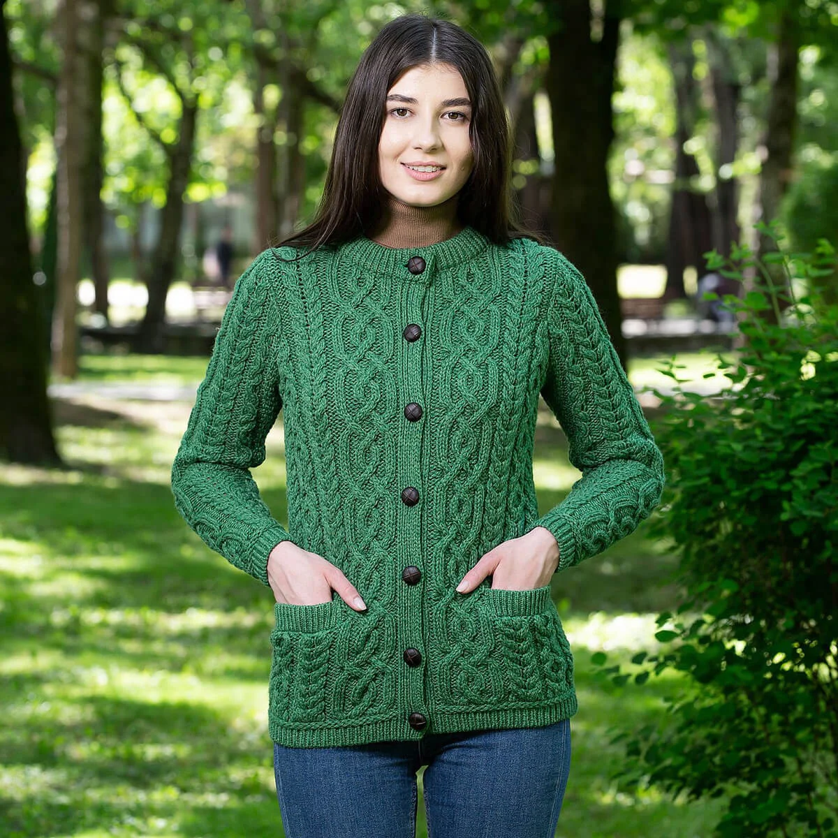 Aran Knit Ladies Cardigan with Leather Buttons – Women’s Cable Wool Sweater Coat - Image 11 | CeltHaus