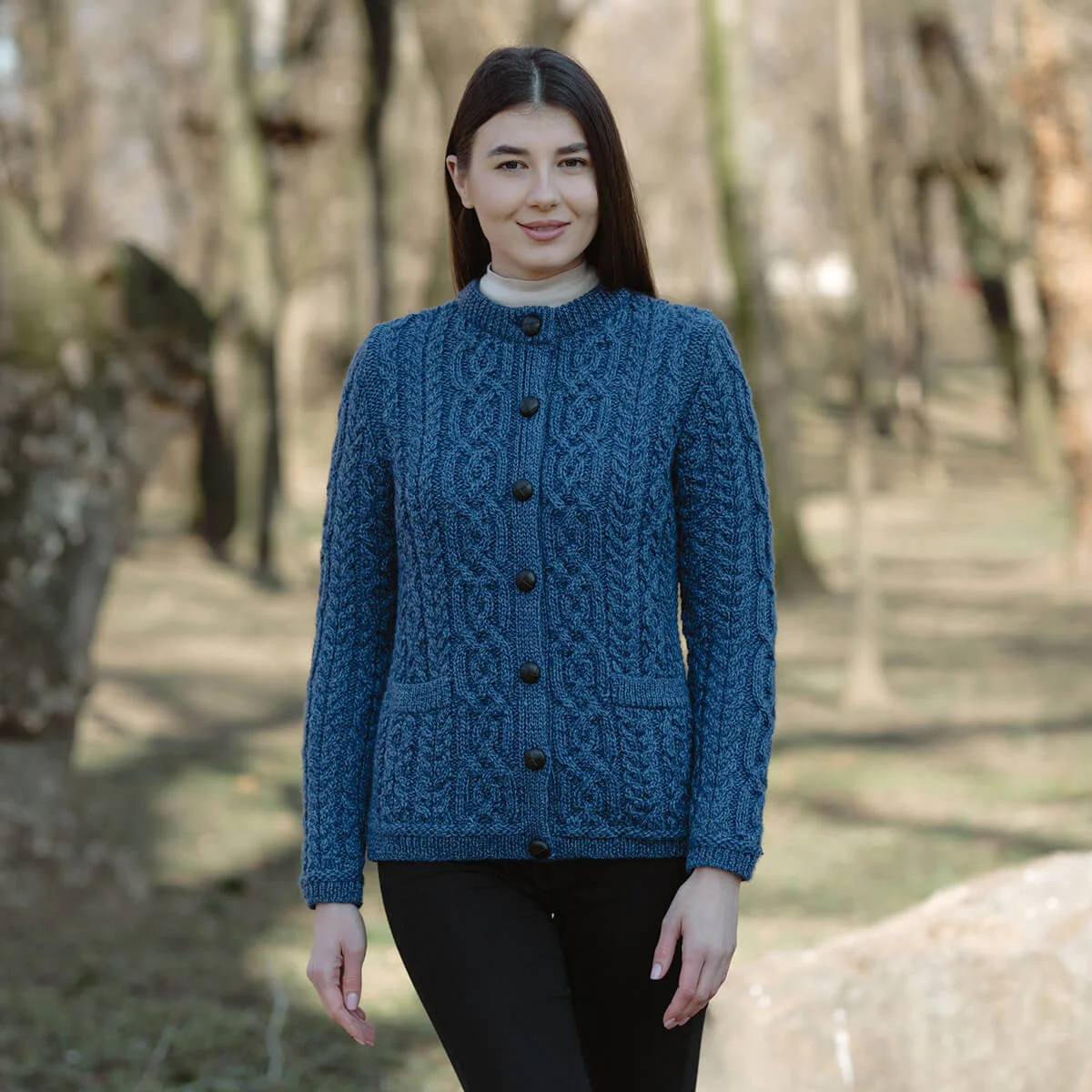Aran Knit Ladies Cardigan with Leather Buttons – Women’s Cable Wool Sweater Coat - Image 15 | CeltHaus