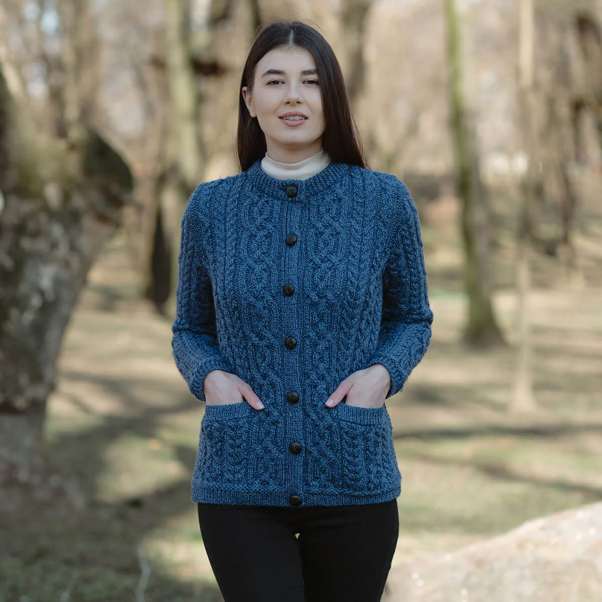 Aran Knit Ladies Cardigan with Leather Buttons – Women’s Cable Wool Sweater Coat - Image 17 | CeltHaus