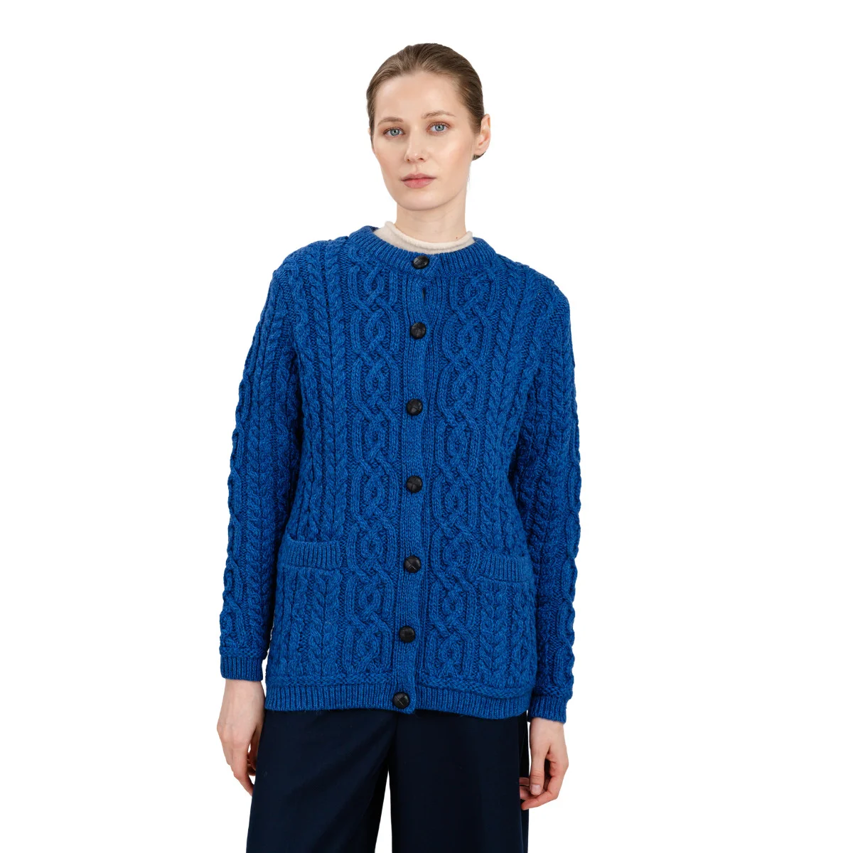 Aran Knit Ladies Cardigan with Leather Buttons – Women’s Cable Wool Sweater Coat - Image 19 | CeltHaus