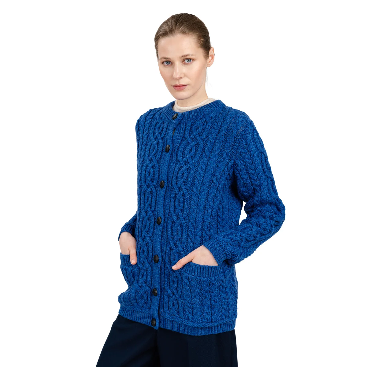 Aran Knit Ladies Cardigan with Leather Buttons – Women’s Cable Wool Sweater Coat - Image 20 | CeltHaus