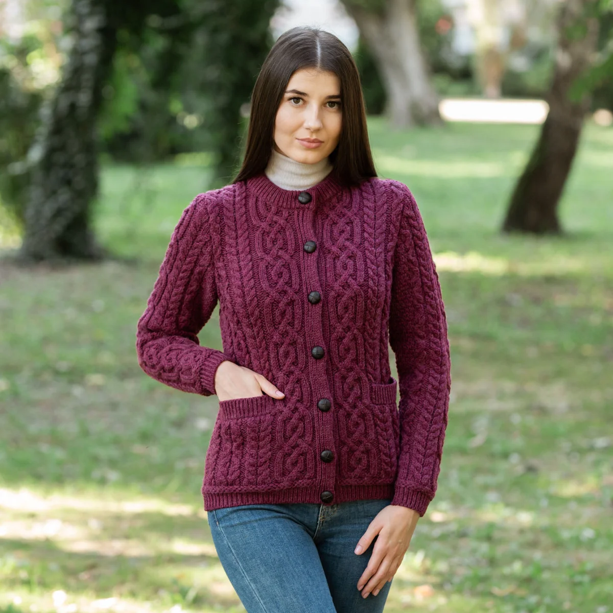 Aran Knit Ladies Cardigan with Leather Buttons – Women’s Cable Wool Sweater Coat - Image 22 | CeltHaus