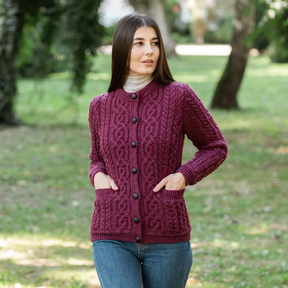 Aran Knit Ladies Cardigan with Leather Buttons – Women’s Cable Wool Sweater Coat - Image 23 | CeltHaus