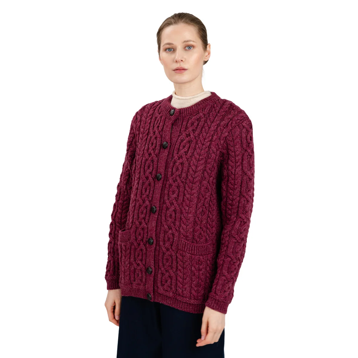 Aran Knit Ladies Cardigan with Leather Buttons – Women’s Cable Wool Sweater Coat - Image 24 | CeltHaus
