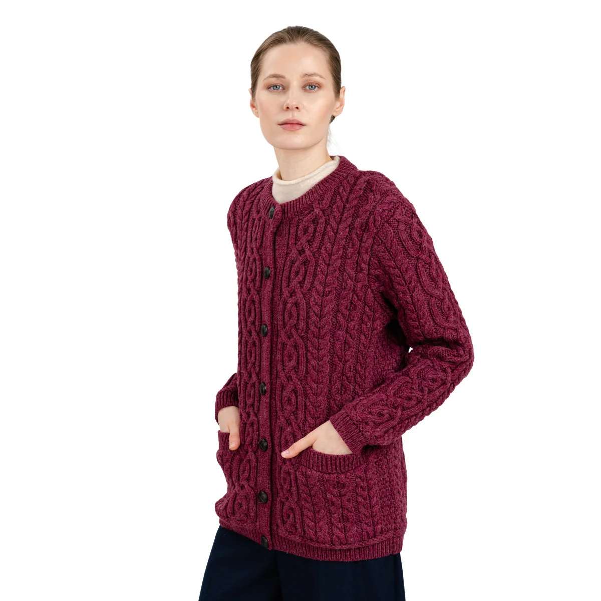 Aran Knit Ladies Cardigan with Leather Buttons – Women’s Cable Wool Sweater Coat - Image 26 | CeltHaus