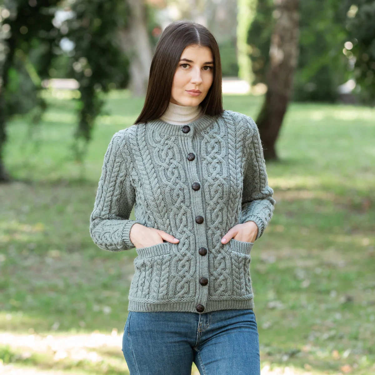Aran Knit Ladies Cardigan with Leather Buttons – Women’s Cable Wool Sweater Coat - Image 27 | CeltHaus