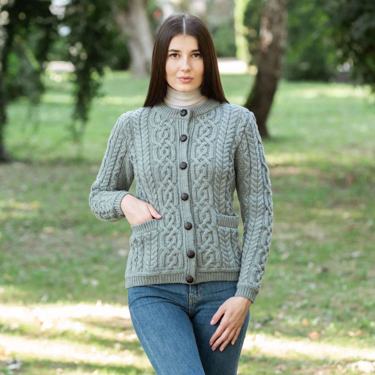 Aran Knit Ladies Cardigan with Leather Buttons – Women’s Cable Wool Sweater Coat - Image 28 | CeltHaus
