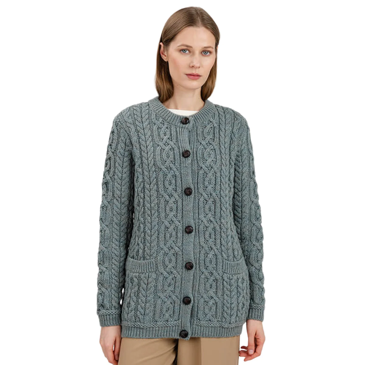 Aran Knit Ladies Cardigan with Leather Buttons – Women’s Cable Wool Sweater Coat - Image 29 | CeltHaus