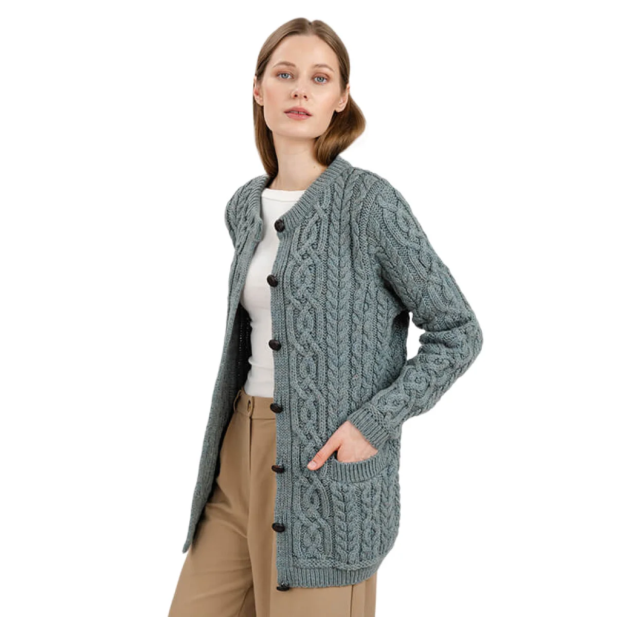 Aran Knit Ladies Cardigan with Leather Buttons – Women’s Cable Wool Sweater Coat - Image 31 | CeltHaus