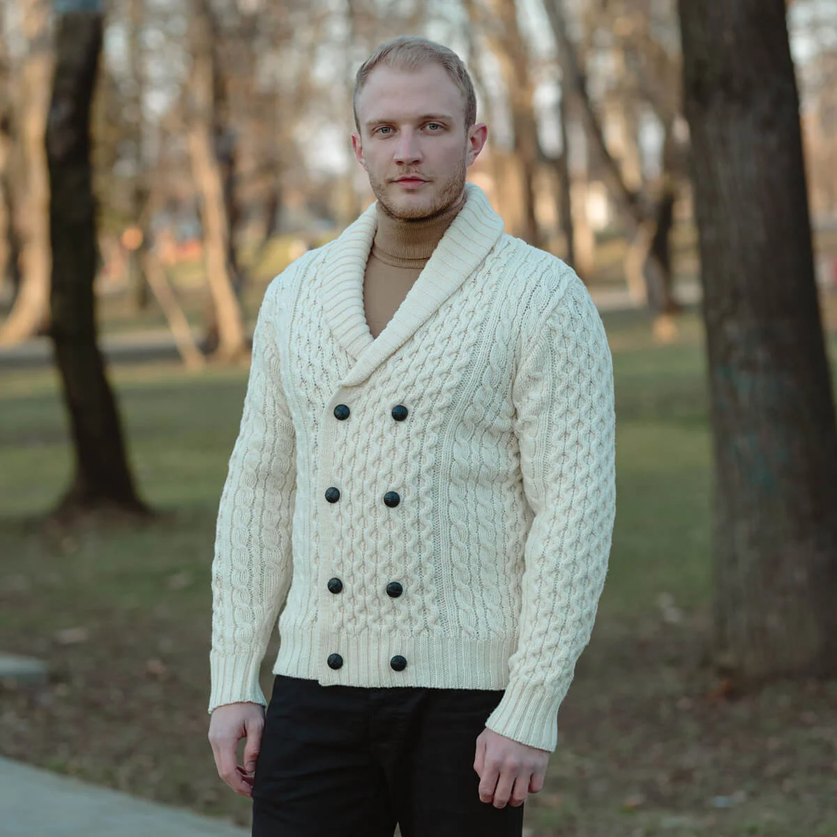 Double Breasted Shawl Cardigan – 100% Merino Wool Knit Sweater for Fall & Winter - Image 2 | CeltHaus