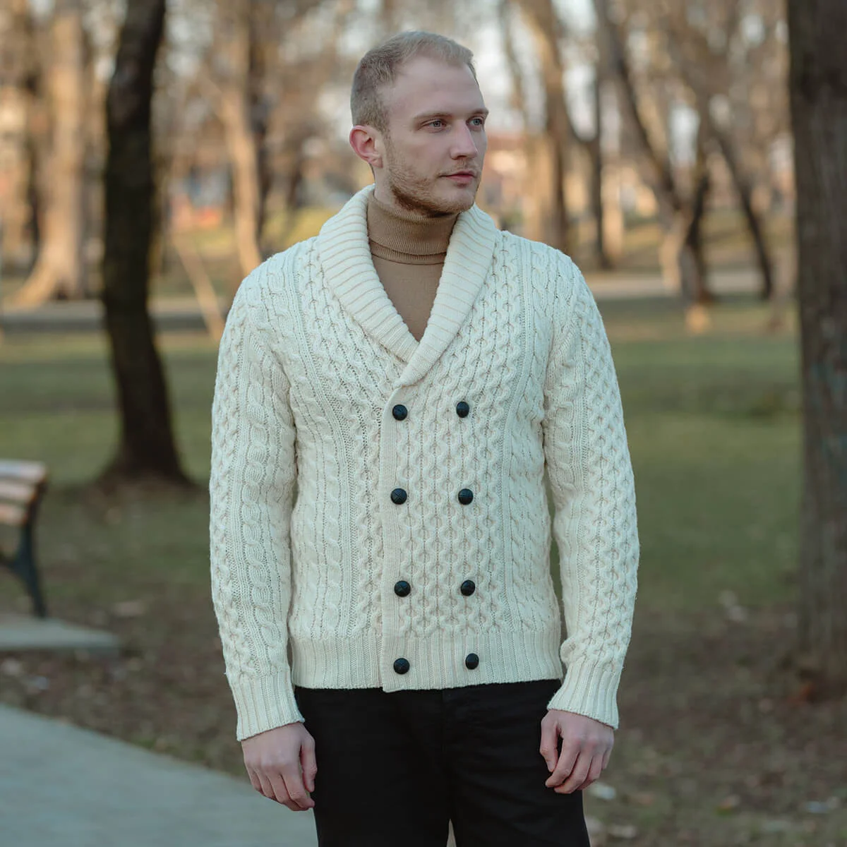 Double Breasted Shawl Cardigan – 100% Merino Wool Knit Sweater for Fall & Winter - Image 3 | CeltHaus