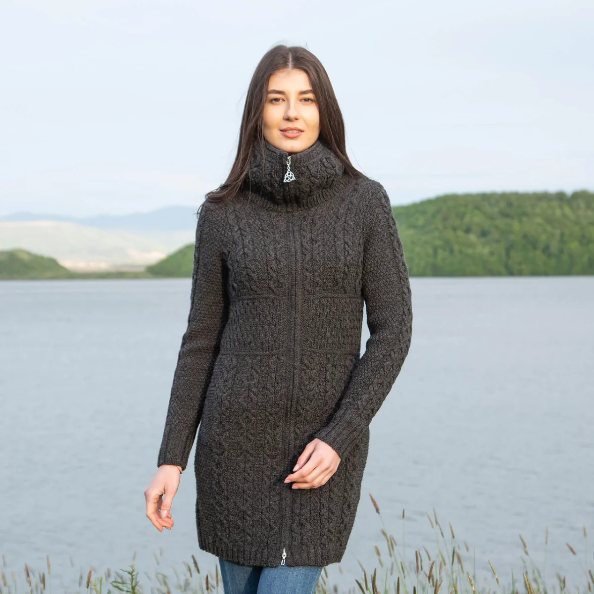 Double Collar Zip Cardigan – 100% Merino Wool Irish Knit Sweater - Image 2 | CeltHaus