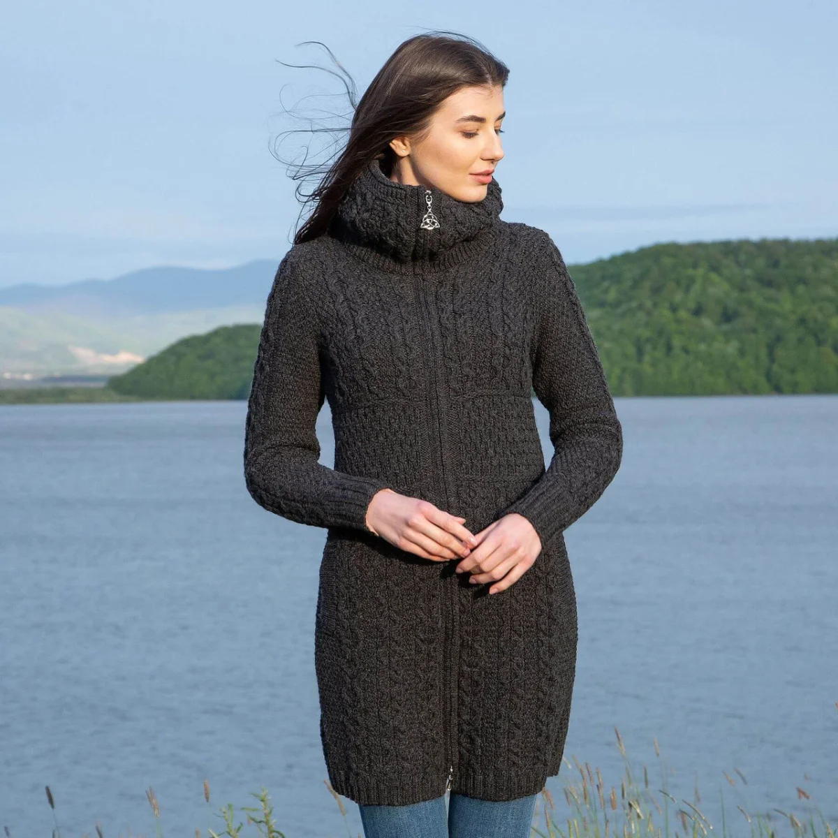 Double Collar Zip Cardigan – 100% Merino Wool Irish Knit Sweater - Image 3 | CeltHaus