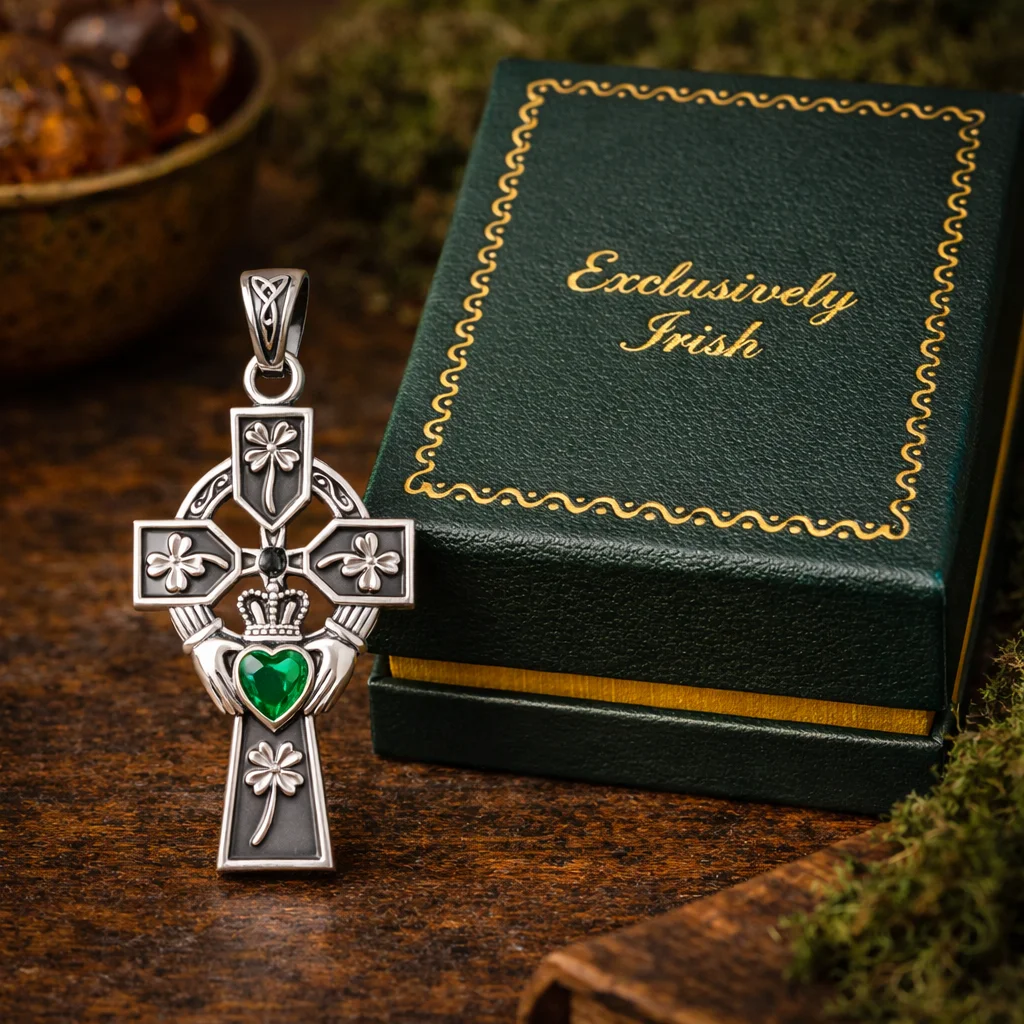 Exquisite Emerald Claddagh Cross Pendant in Sterling Silver – Celtic Jewelry Gift - Featured Product | CeltHaus