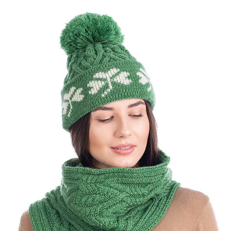 Green Shamrock Wool Hat – Irish Merino Wool Knit Beanie with Pom Pom - Image 4 | CeltHaus