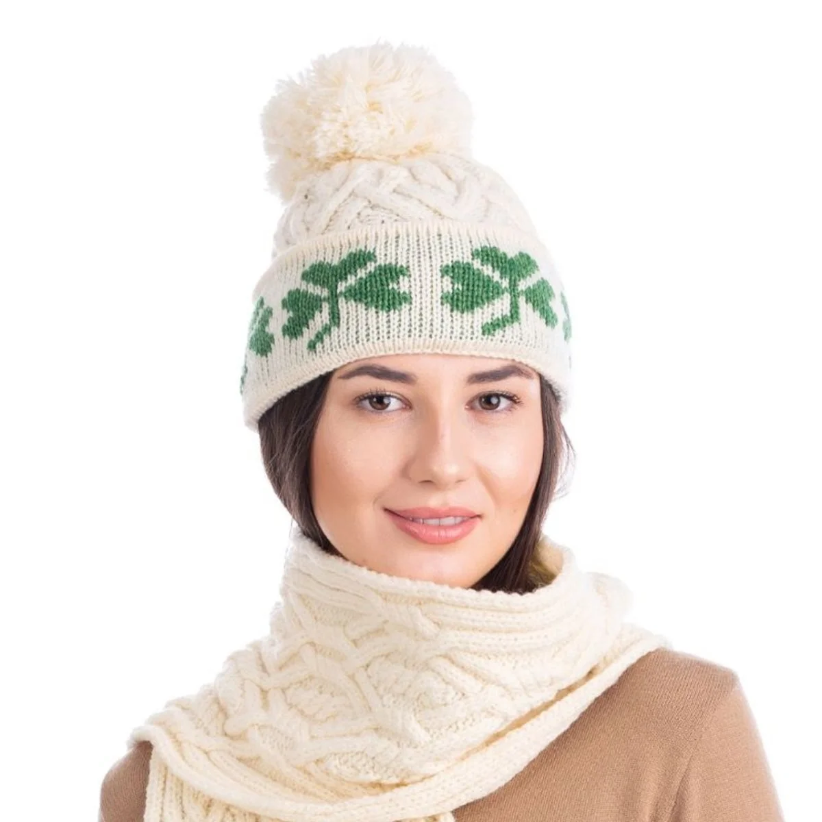 Green Shamrock Wool Hat – Irish Merino Wool Knit Beanie with Pom Pom - Image 8 | CeltHaus
