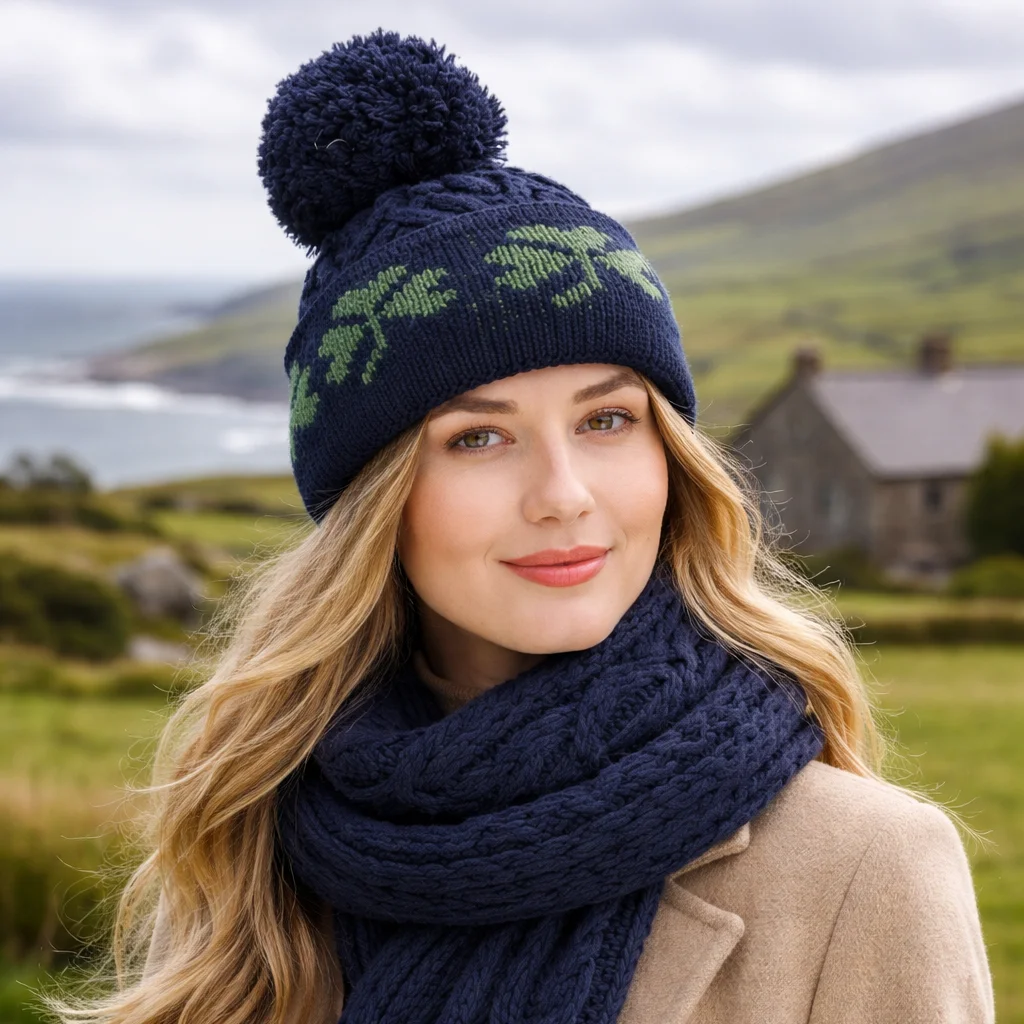 Green Shamrock Wool Hat – Irish Merino Wool Knit Beanie with Pom Pom - Knitwear | CeltHaus