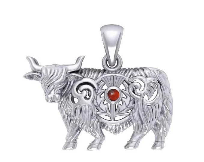 Highland Cow & Scottish Thistle Sterling Silver Pendant with Emerald or Garnet - Image 3 | CeltHaus