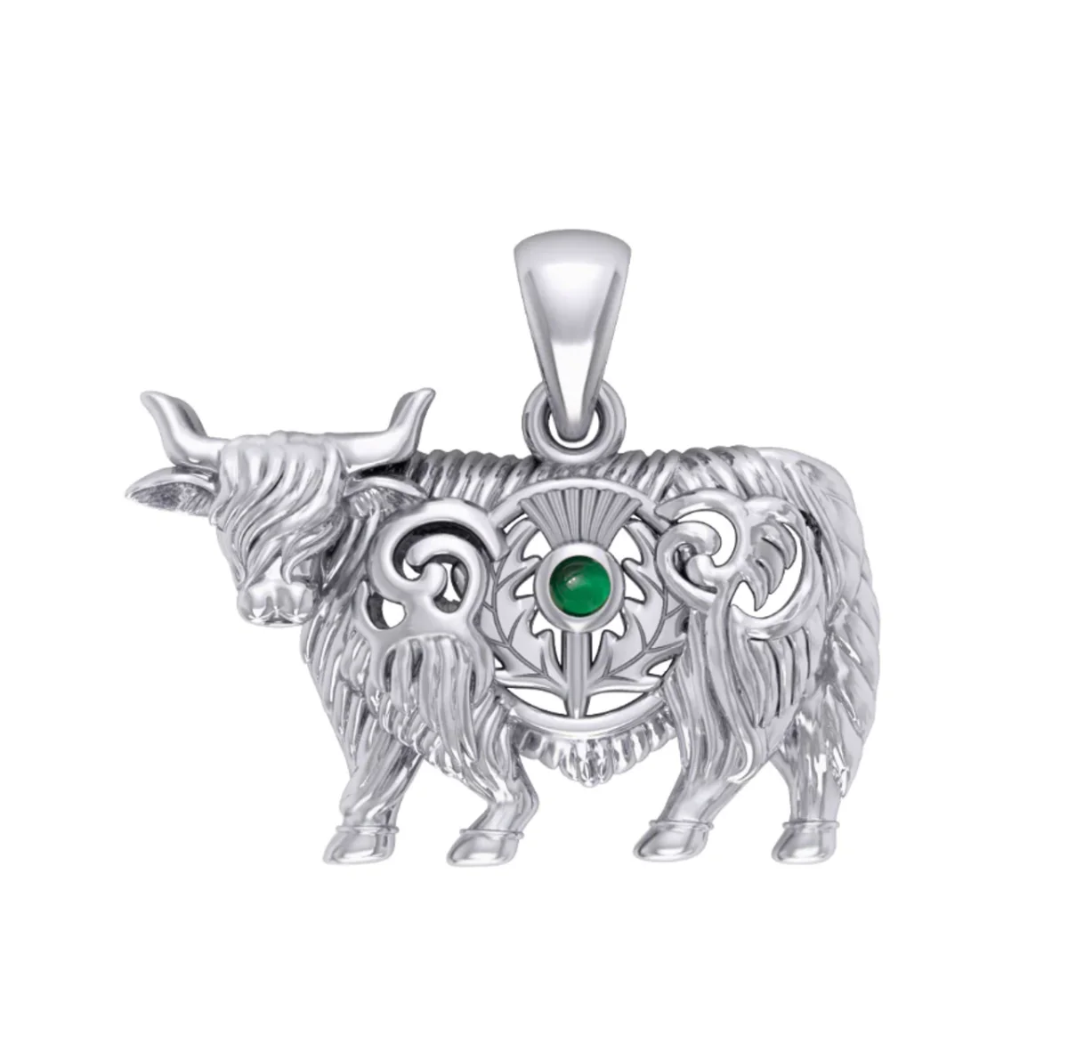 Highland Cow & Scottish Thistle Sterling Silver Pendant with Emerald or Garnet - Image 2 | CeltHaus