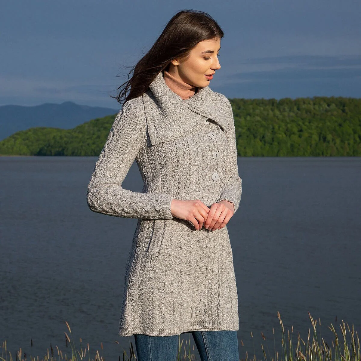 Irish Ladies 4 Button Collar Merino Wool Cable Knit Coat – Made in Ireland - Image 5 | CeltHaus