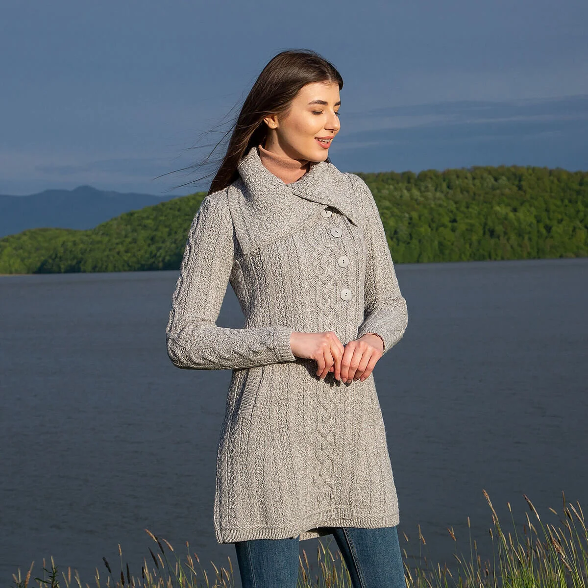 Irish Ladies 4 Button Collar Merino Wool Cable Knit Coat – Made in Ireland - Image 8 | CeltHaus