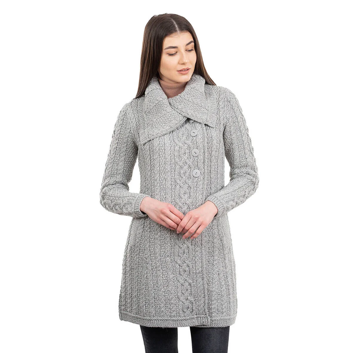 Irish Ladies 4 Button Collar Merino Wool Cable Knit Coat – Made in Ireland - Image 9 | CeltHaus