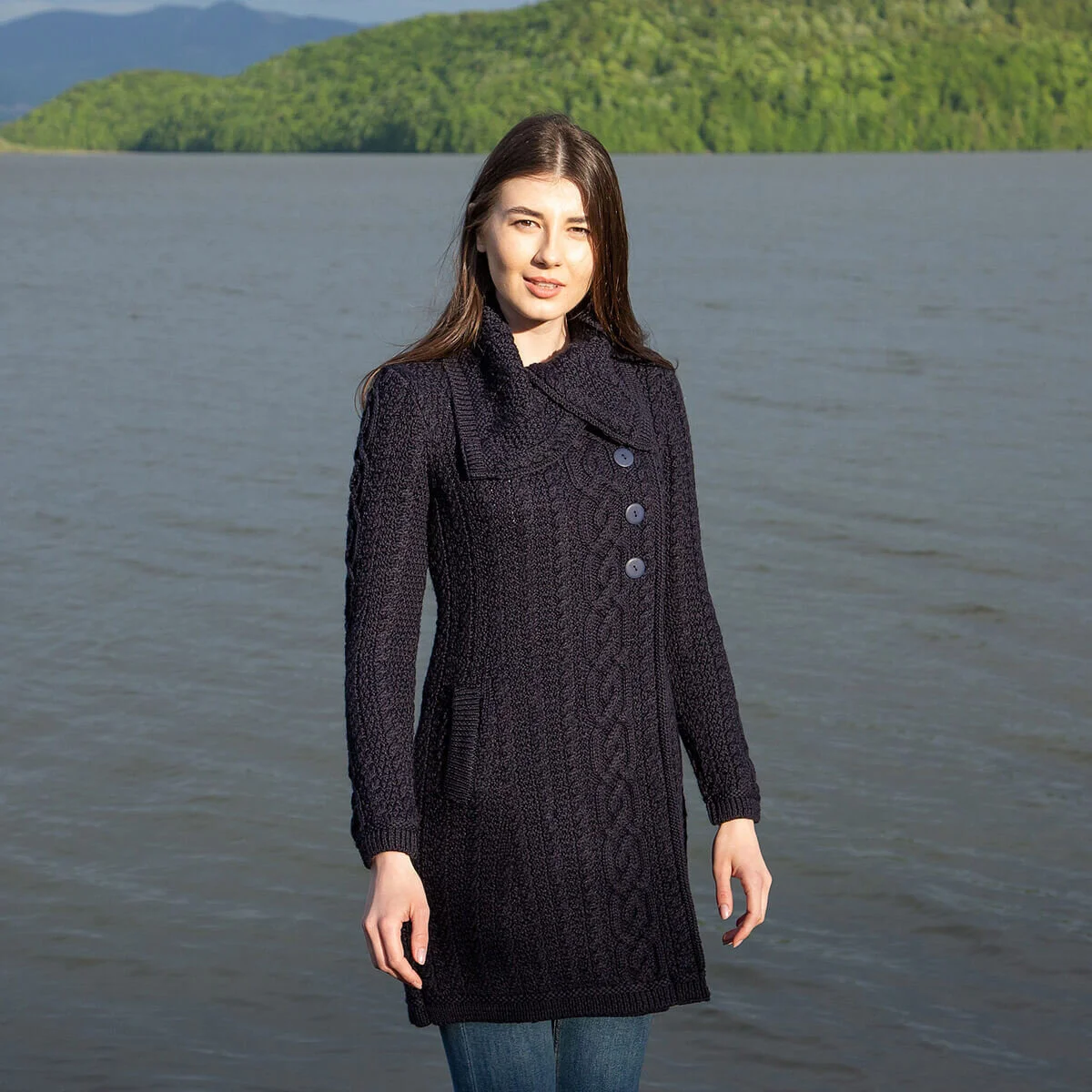Irish Ladies 4 Button Collar Merino Wool Cable Knit Coat – Made in Ireland | CeltHaus