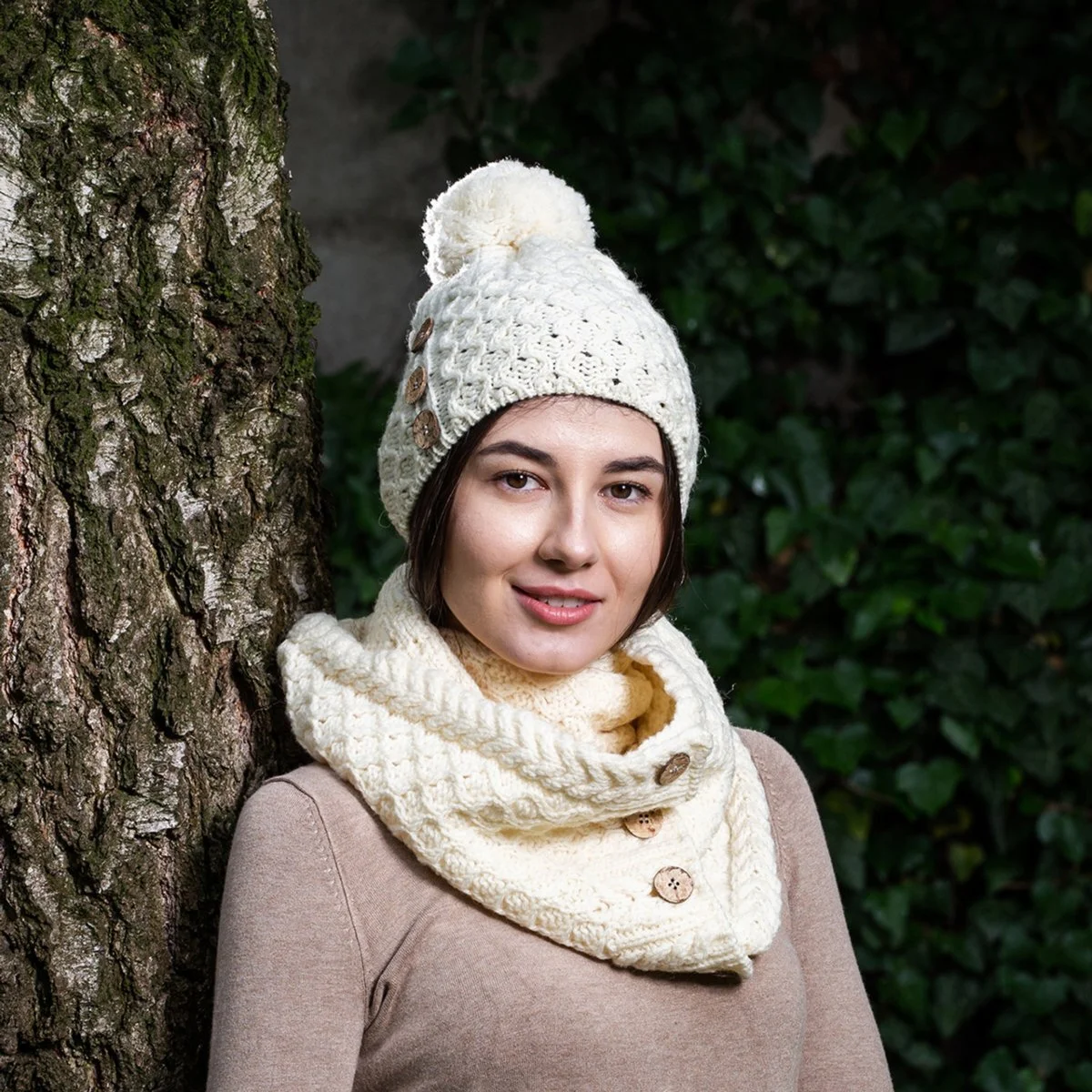 Ladies Button Pom-Pom Wool Hat – Cable Knit Winter Beanie - Knitwear | CeltHaus