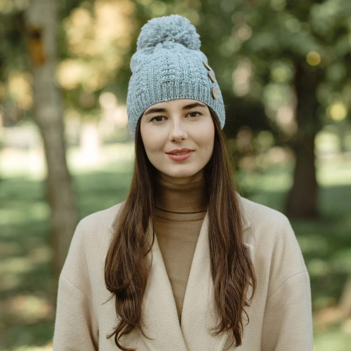 Ladies Button Pom-Pom Wool Hat – Cable Knit Winter Beanie - Image 5 | CeltHaus