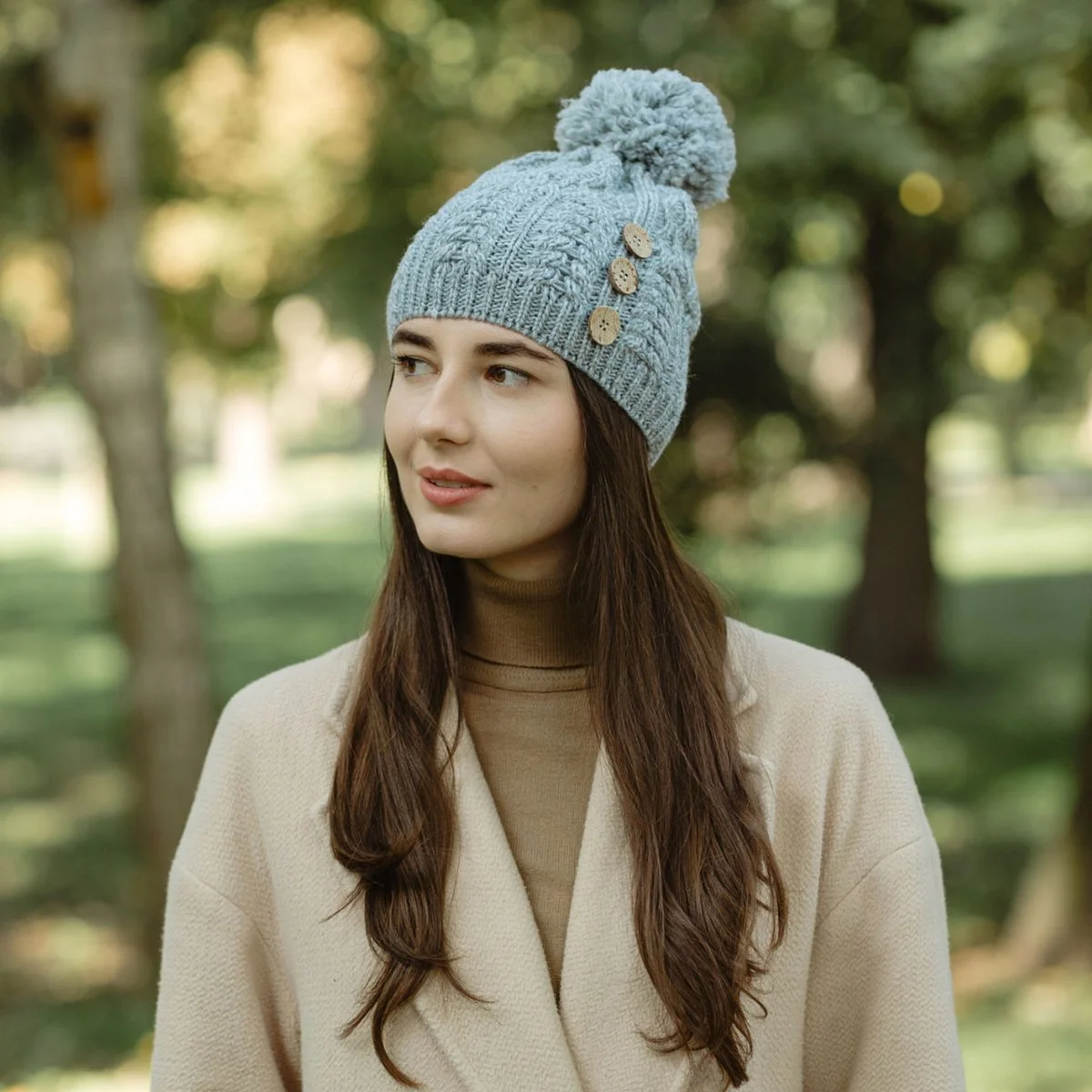 Ladies Button Pom-Pom Wool Hat – Cable Knit Winter Beanie - Image 4 | CeltHaus